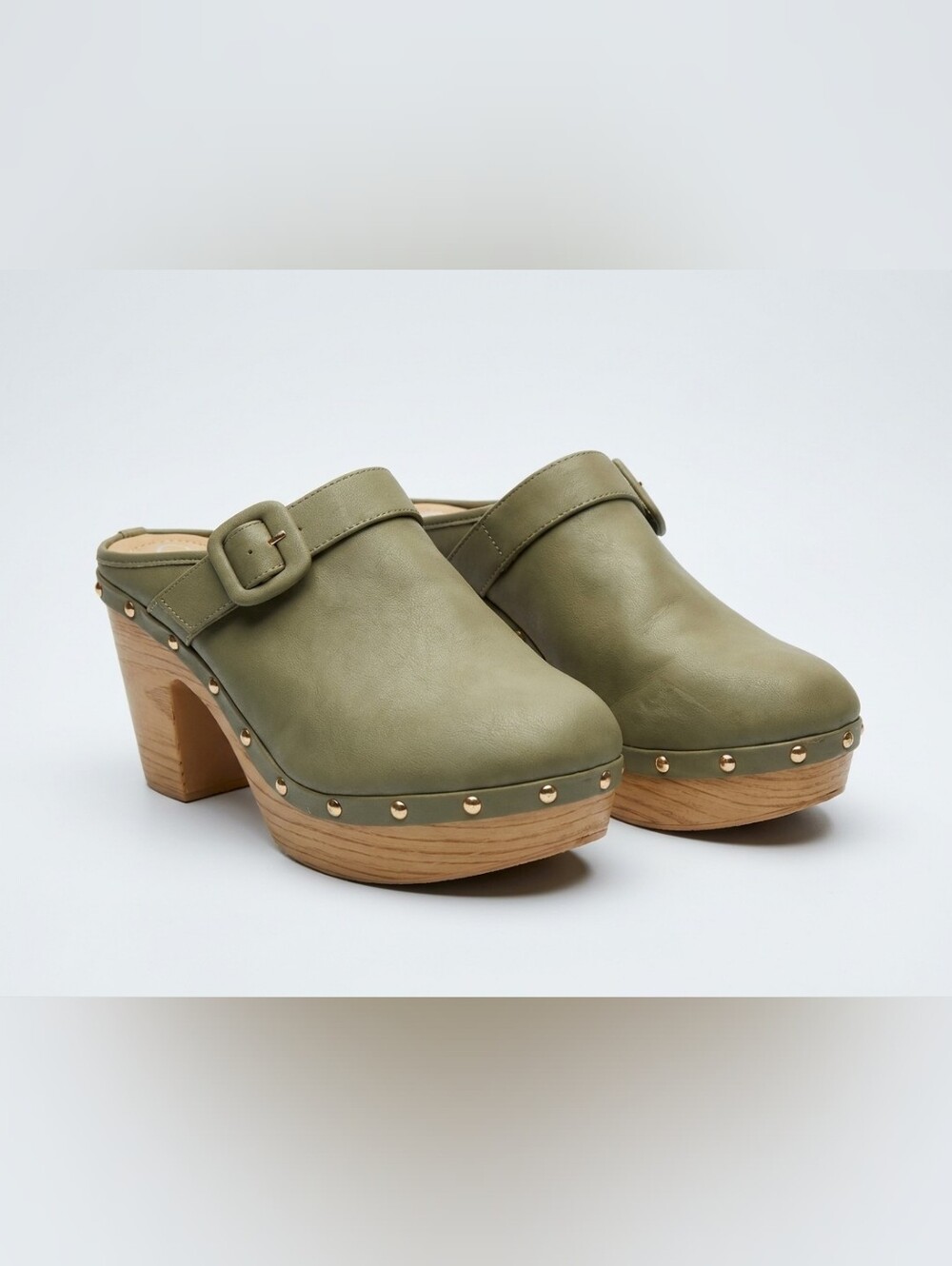 Aldo Olive Green Buckled Clog Mules with Wood-Effect Platform